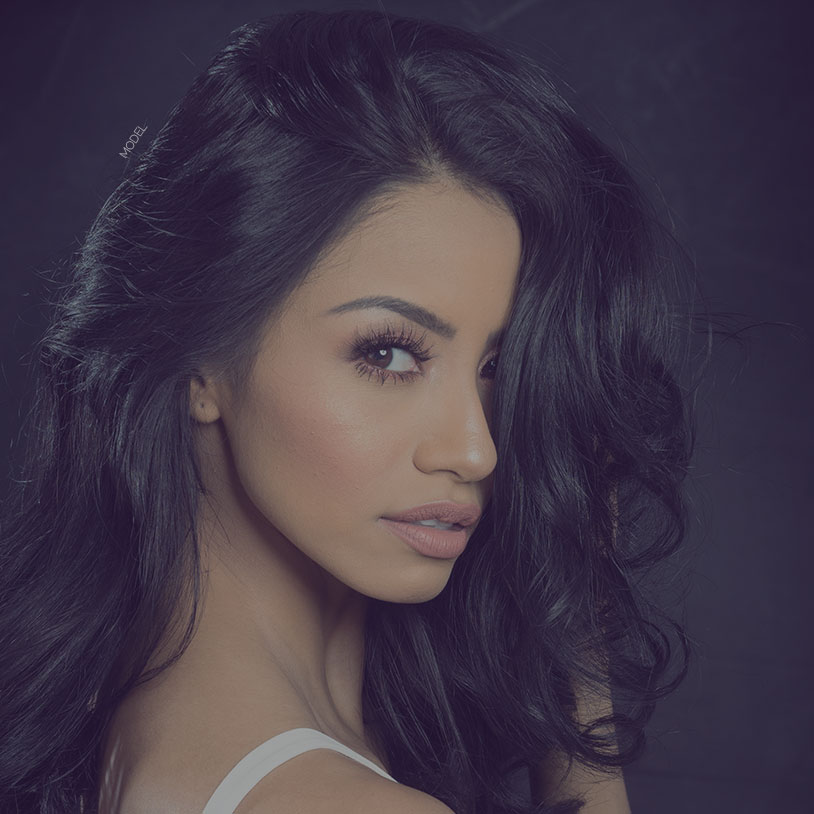 eyelid model with hair over one side of her face,